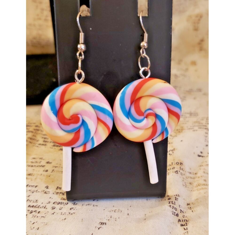 Y2K, Quirky, Whimsical, Dangling Small Lollipop Earrings - Rainbow Swirls